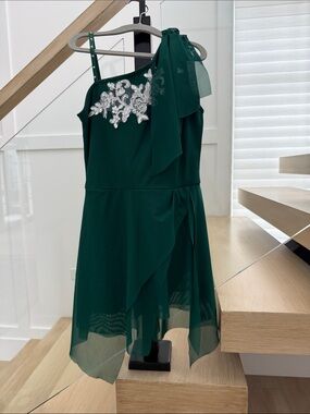 Emerald Green One-Shoulder Girls Dress with Silver Appliqué
